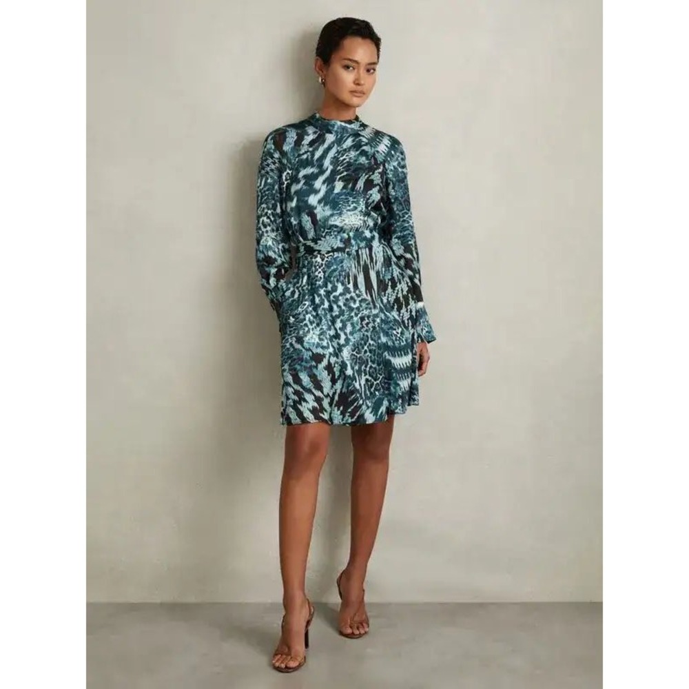 Reiss Ester Teal Black Animal Print Tie Back Mini Dress Size US 10
